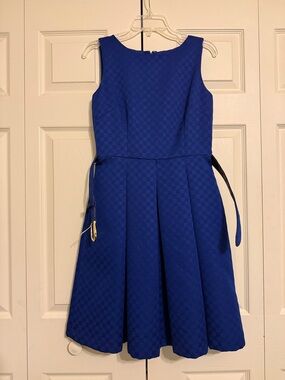 Tahari ASL Royal Blue Sleeveless Fit-and-Flare Midi Dress.  Lined and belted.